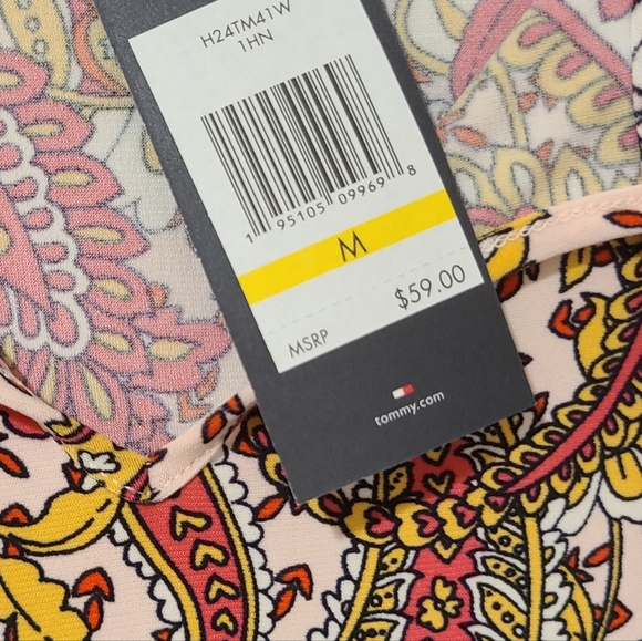 TOMMY HILFIGER PAISLEY RUFFLE SLEEVE FRONT TIE TASSELS TOP - Picture 11 of 14